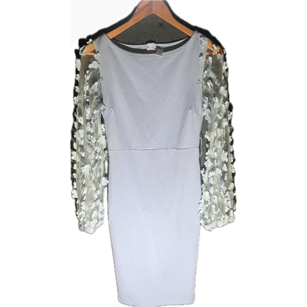Light Blue 3D Floral Applique Sheer Long Sleeve Bodycon Sheath Dress Small‎